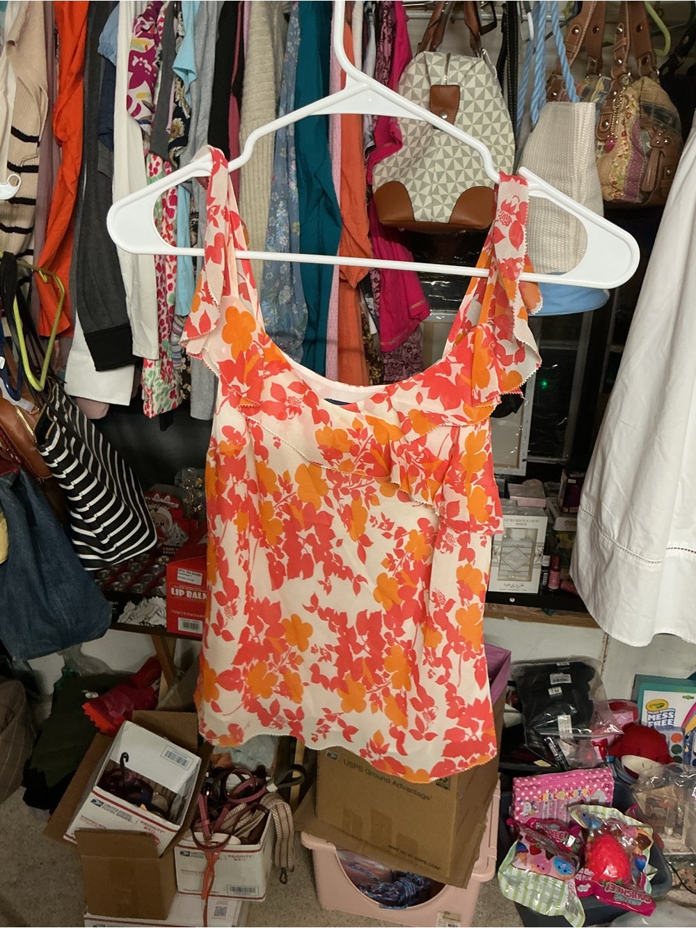 Ann Taylor Floral Tie-Shoulder Camisole in Coral and Cream